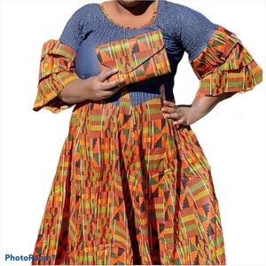 African Kente Dress W/Scarf Free Size Plus Size